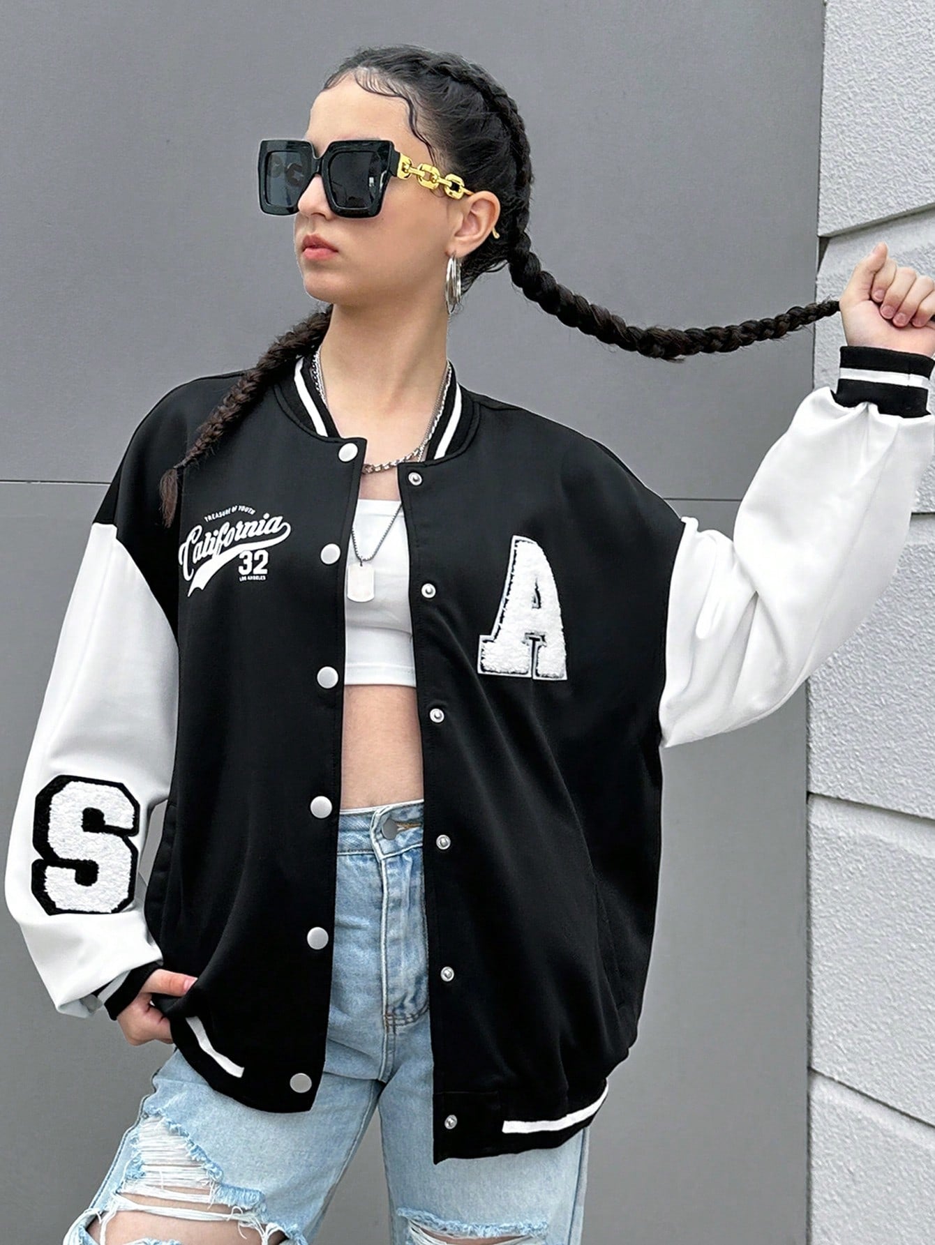 Teen Girl Letter Graphic Two Tone Drop Shoulder Varsity Jacket