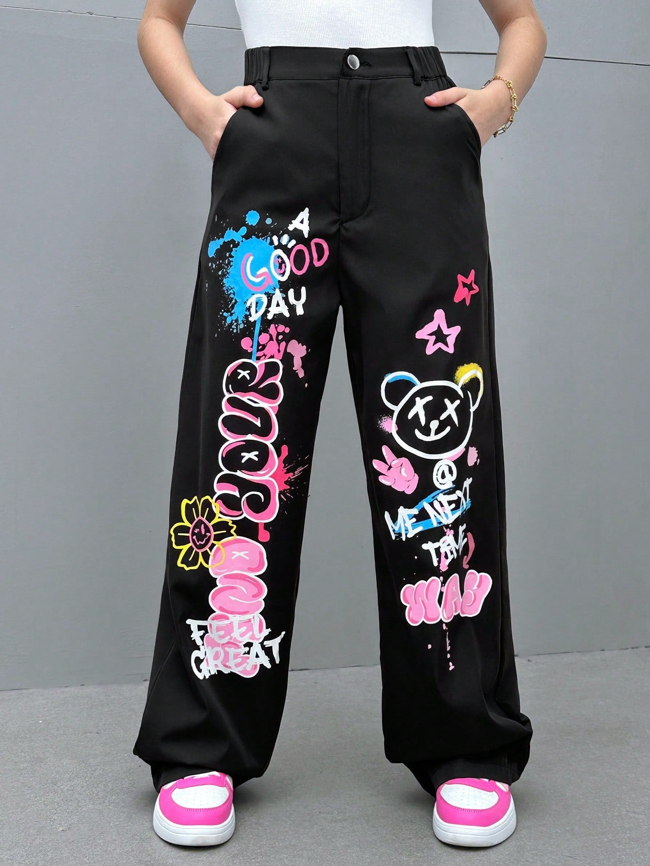 Teen Girl Cartoon & Slogan Graphic Pants