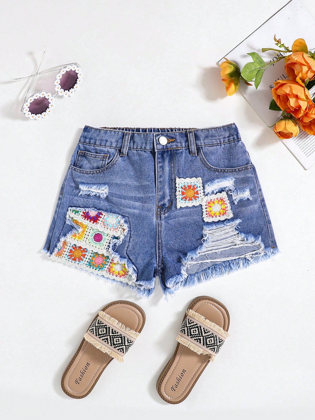 Teen Girls' Summer Boho Trendy Colorful Jacquard Crochet Knitted Stonewashed Distressed Ripped Baggy Denim Jeans Shorts With Raw Hem