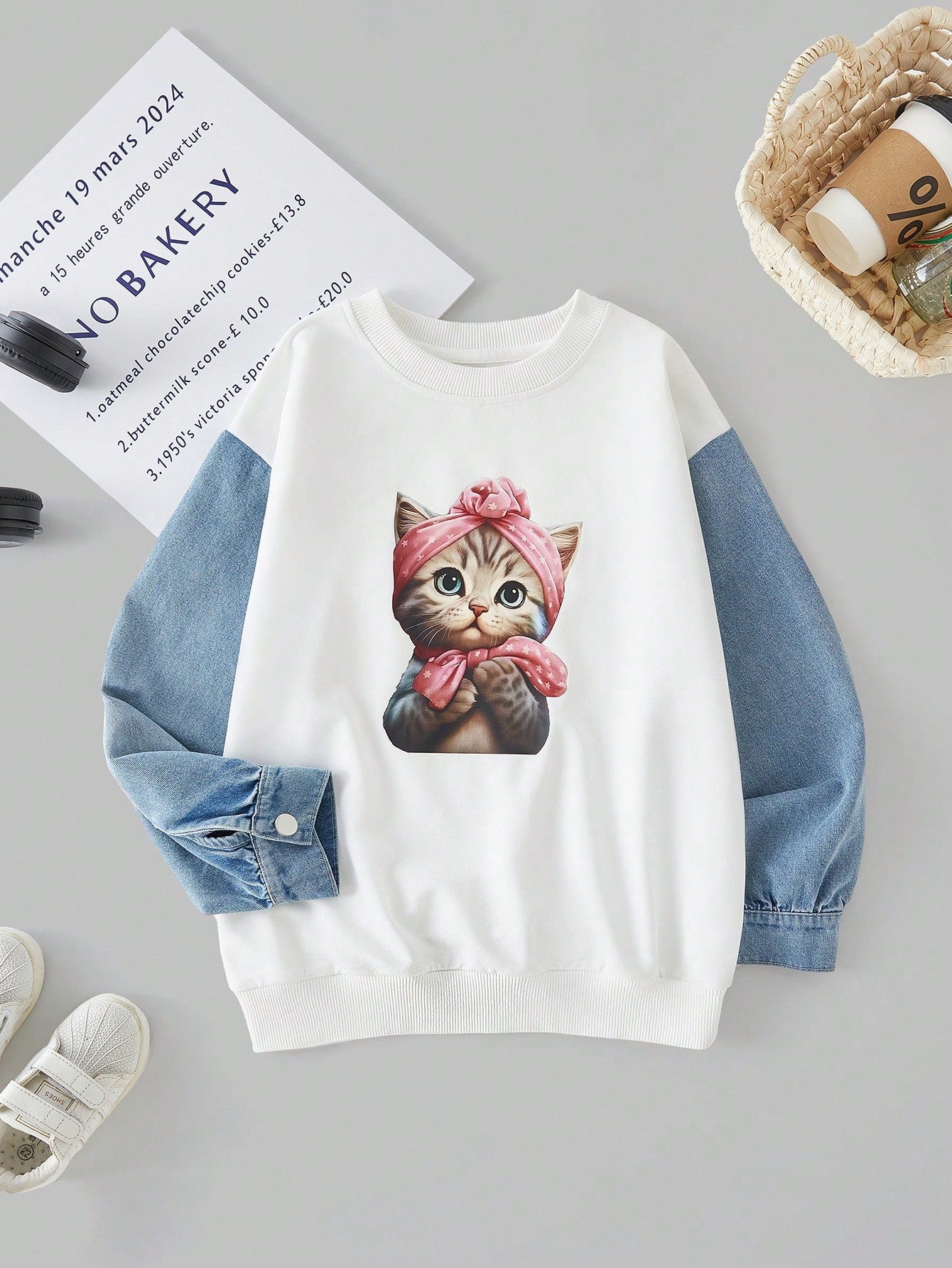 Girls' Denim Patchwork Sweatshirt, New Arrival, Stylish And Casual, Spring/Fall