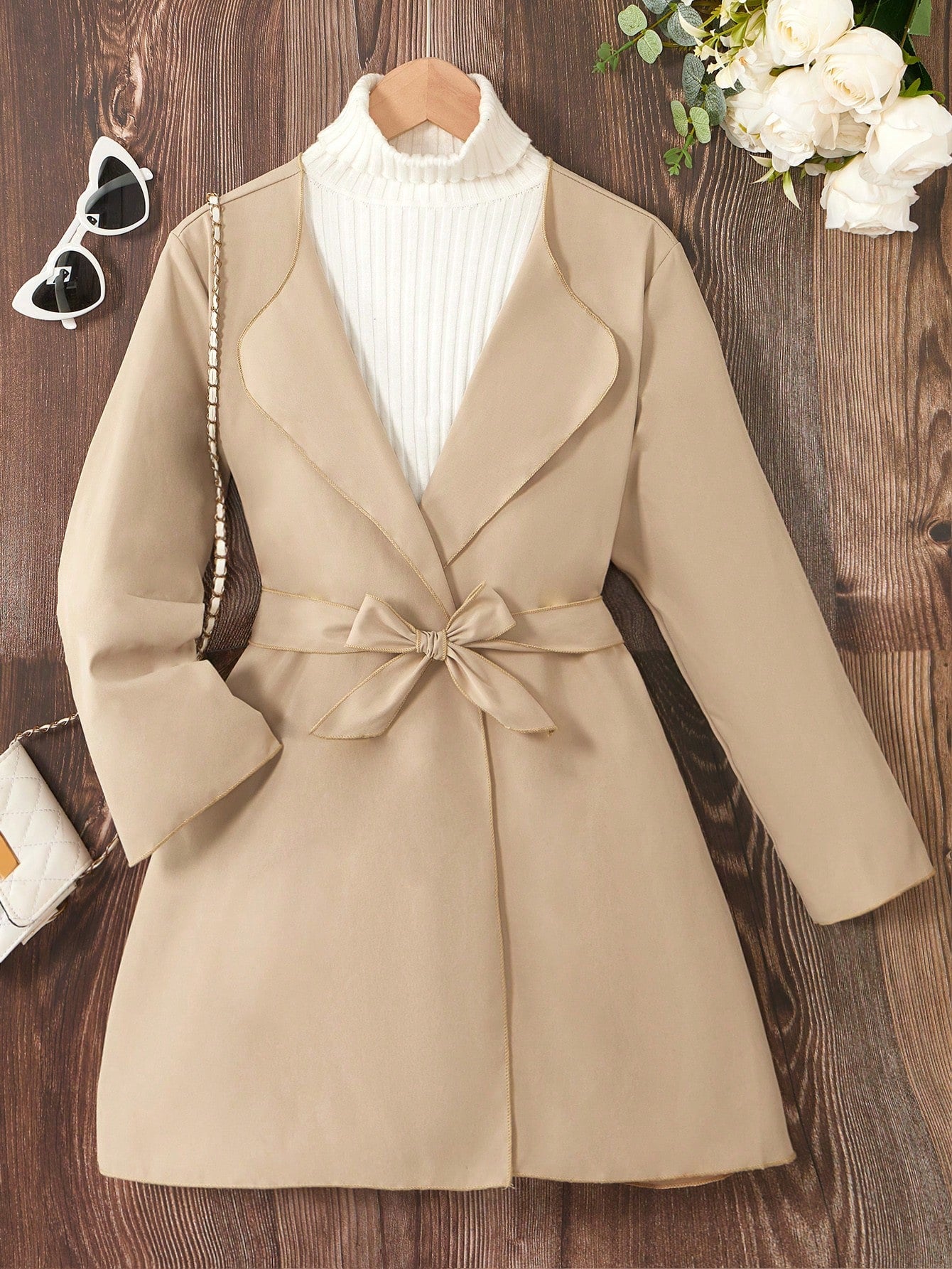 Tween Girl Solid Color Long Sleeve Coat, Elegant Lapel Collar With Waist Belt, Suitable For Work