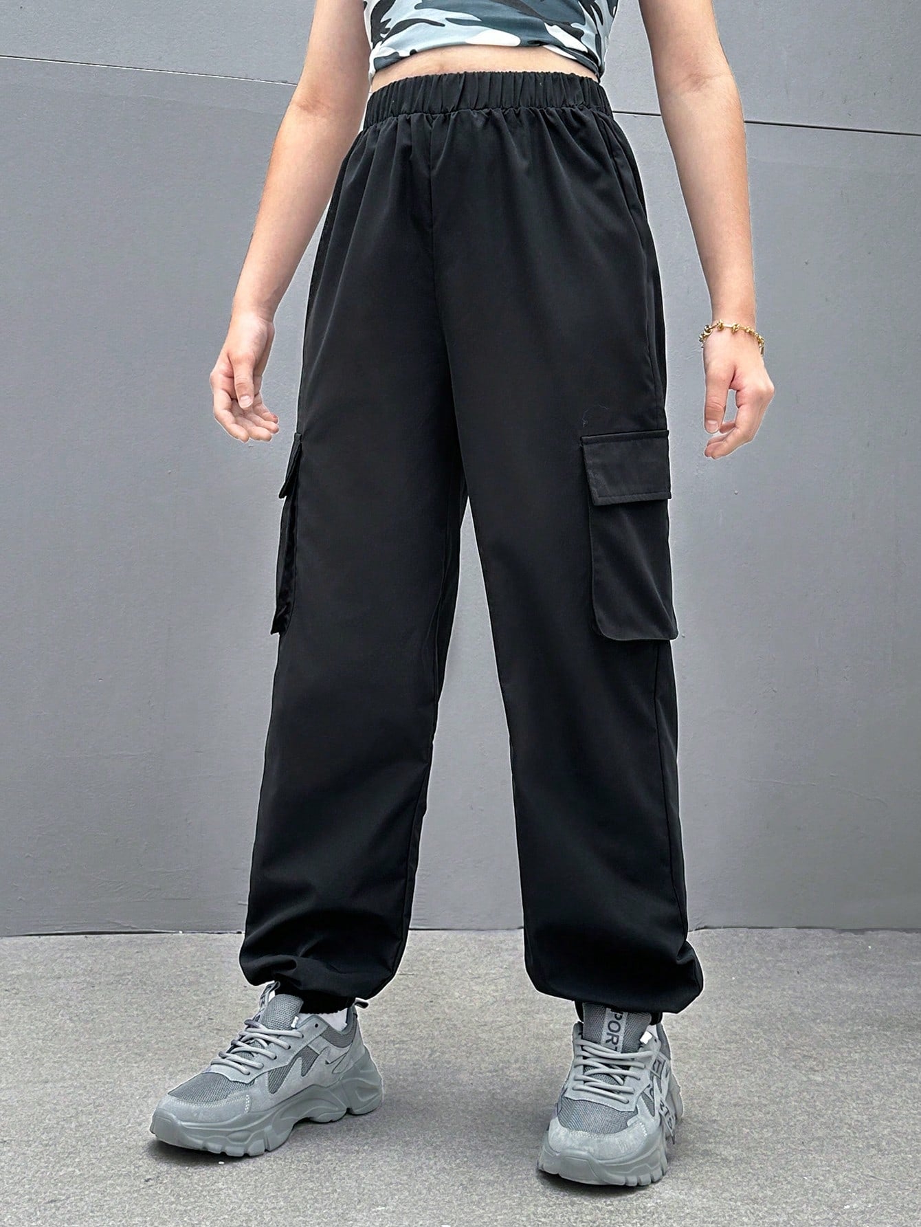 Teen Girl Casual Solid Color High Waisted Cargo Pants, Suitable For Spring, Summer And Autumn