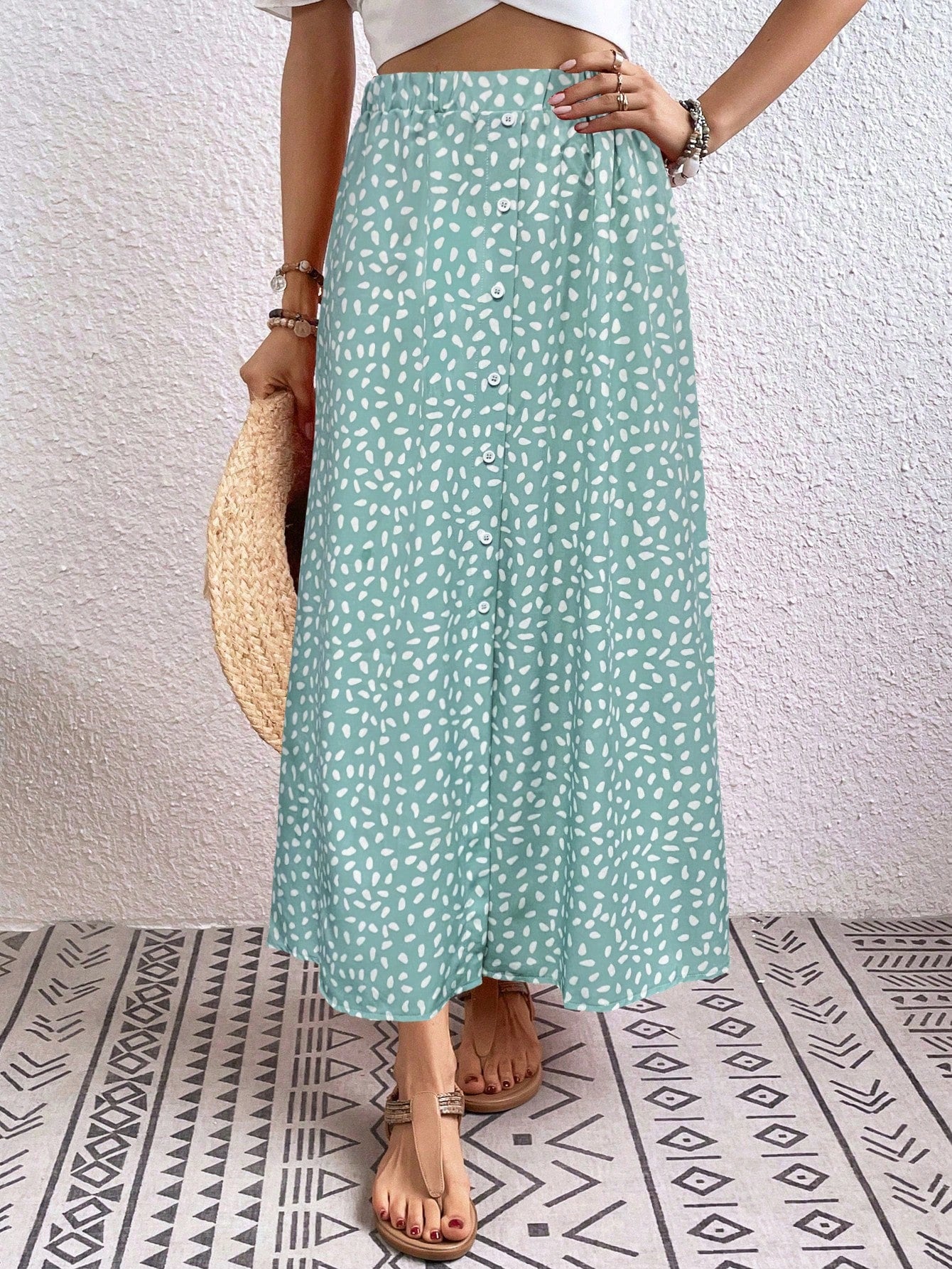 Summer Elastic Waist Casual Long Skirt With Ditsy Floral