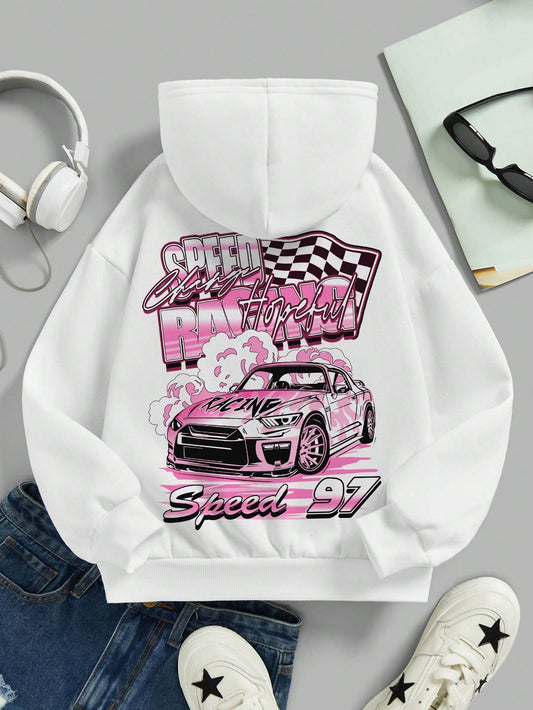 Tween Girl Casual Personality Race Car Printed White Long Sleeve Hooded Sweatshirt, Suitable For Fall/Winter, Back To School Outfits