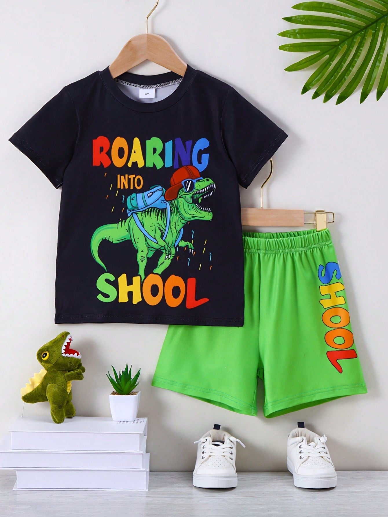 2pcs Boys' Back To School "ROARING INTO SCHOOL" Dinosaur Backpack & Glasses Print Short Sleeve T-Shirt And Shorts Summer Outfits