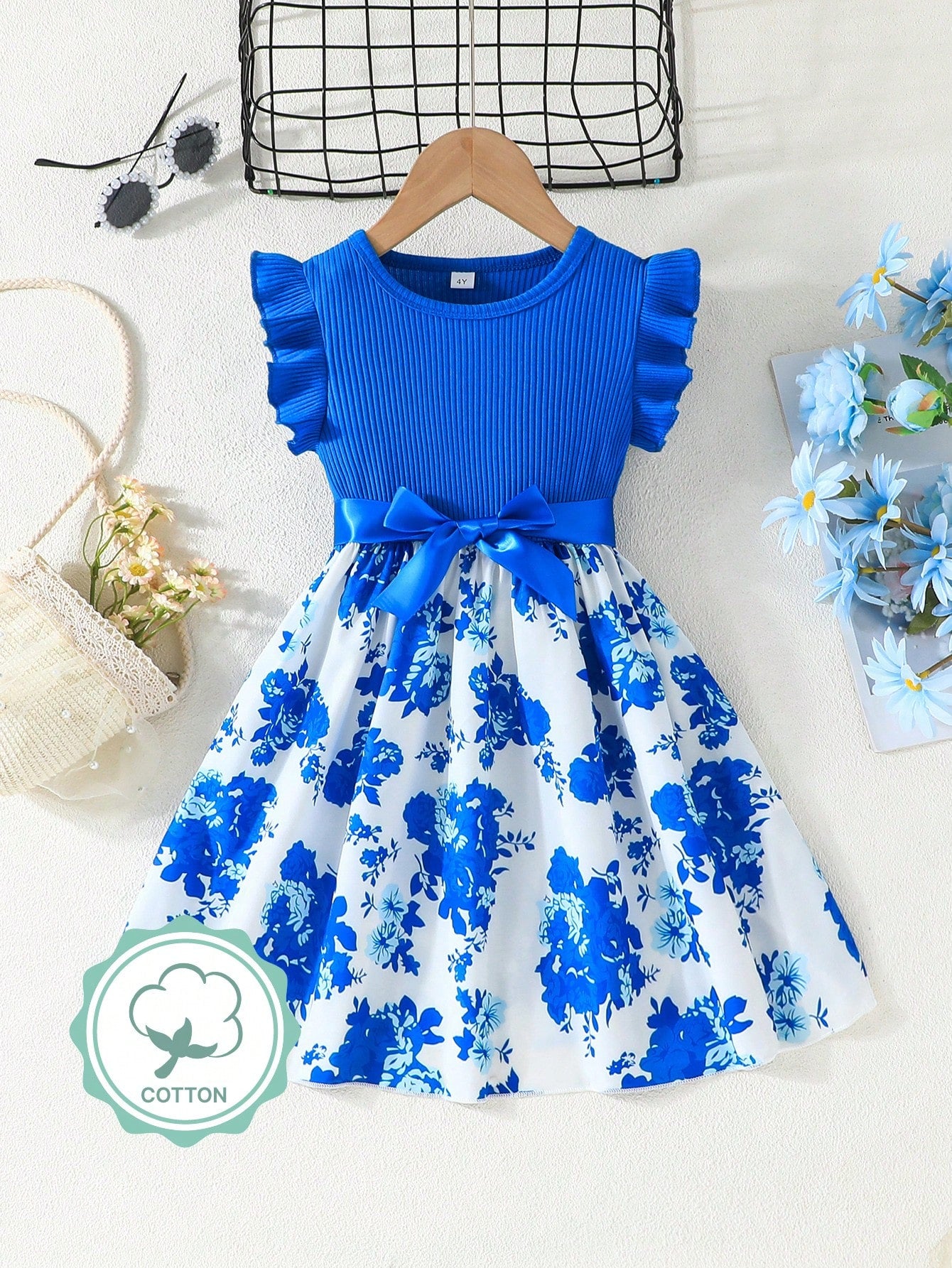 Young Girl Summer New Arrival Fashionable Dress With Ruffle Cuffs And Pocket Design, Featuring Floral Print And Striped Patchwork Details