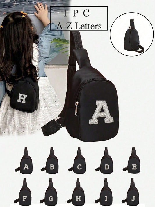 1pc Boys And Girls Nylon Zipper Close Stylish Mini Chest Bag, Pearl Lettered Cloth Casual Bag Suitable For Everyday Use