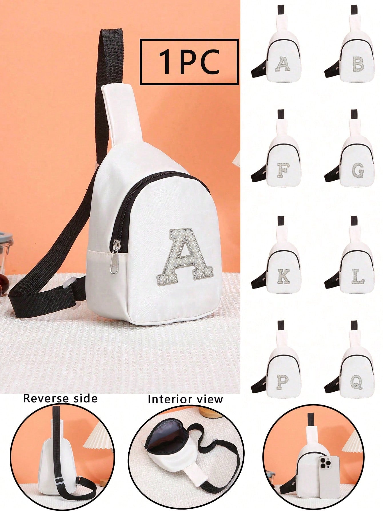 1pc Boys And Girls Nylon Zipper Close Stylish Mini Chest Bag, Pearl Lettered Cloth Casual Bag Suitable For Everyday Use