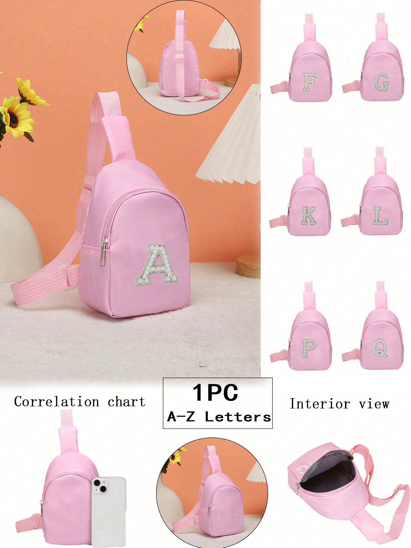 1pc Boys And Girls Nylon Zipper Close Stylish Mini Chest Bag, Pearl Lettered Cloth Casual Bag Suitable For Everyday Use