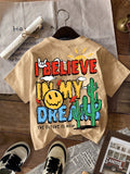 Cow Boy & Young Boy Smiling Letter Print Short Sleeve Round Neck T-Shirt, Casual And Simple Design, Suitable For Summer, Back Of Clothes