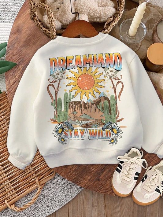 Young Girls' Casual White Knitted Long Sleeve Sweatshirt With Simple And Relaxing Scenery Pattern, Comfortable For Daily Wear In Fall And Winter, Suitable For Back To School Outfits, Funny Sweatshirt Back Design