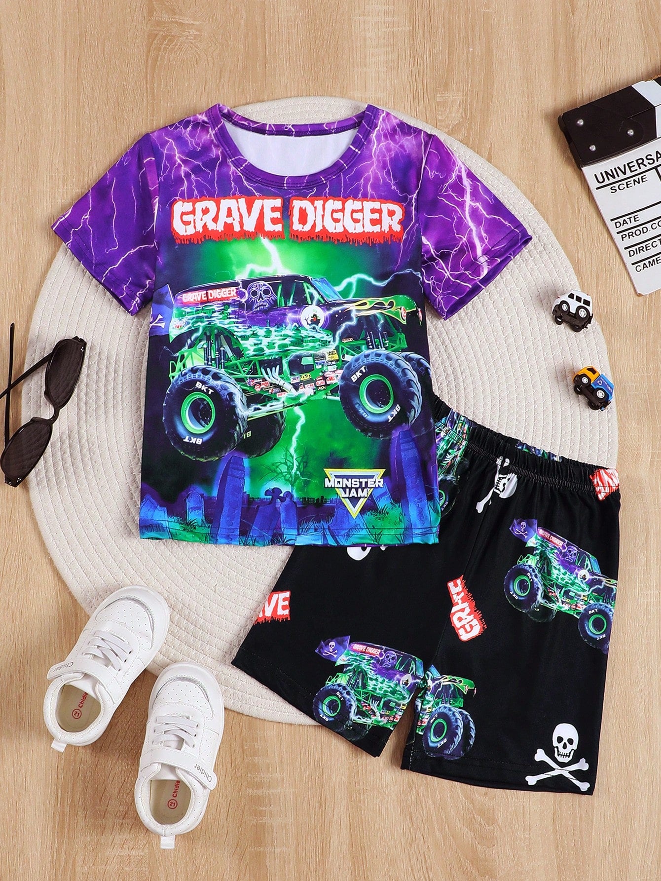 2pcs Young Boy Summer Outfit, Cartoon Car Printed Short Sleeve Round Neck Top And Shorts, Fashionable, Casual & Comfortable