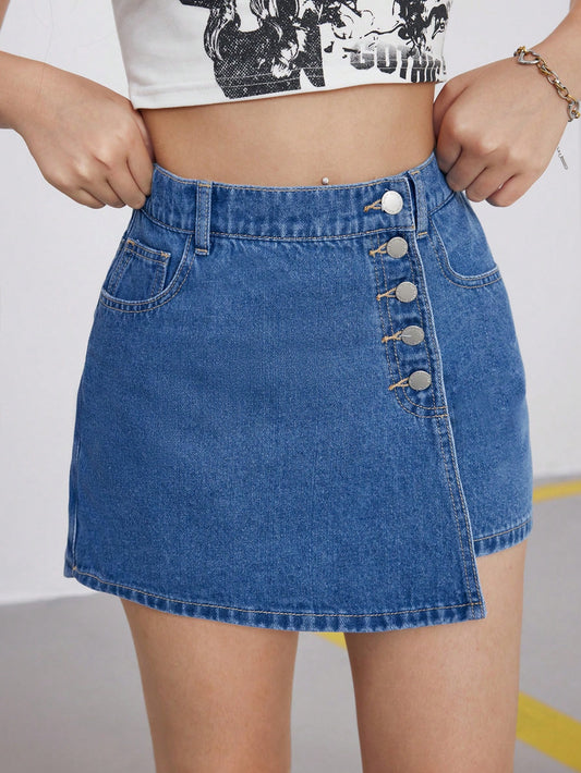 Teen Girls Summer Stonewashed Button Fly Denim Skort Shorts With Pocket, Button Closure And Asymmetrical Hemline,Kids Summer Clothes Outfits