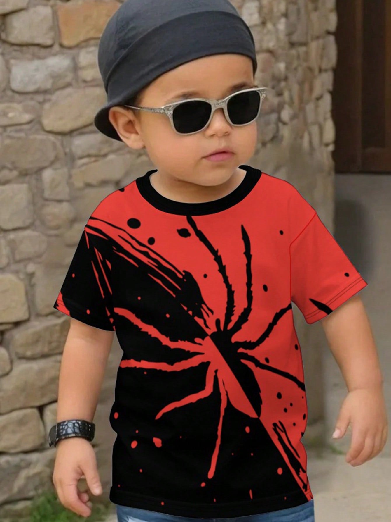 Young Boy Casual Simple Spider Pattern Loose Fit Short Sleeve T-Shirt, Ideal For Summer