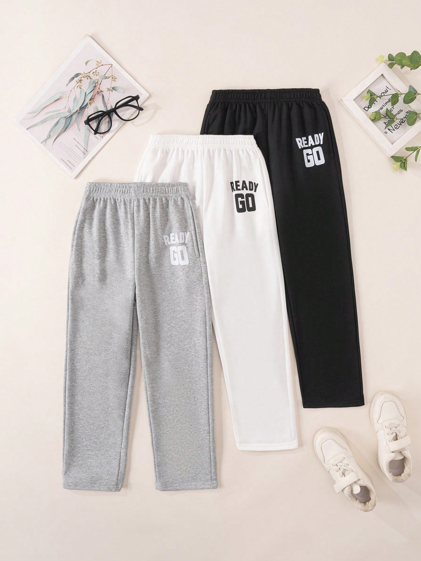 Young Boy's Fashionable English Printed Casual Sports Comfortable Sweatshirt And Long Pants, 3pcs/Set