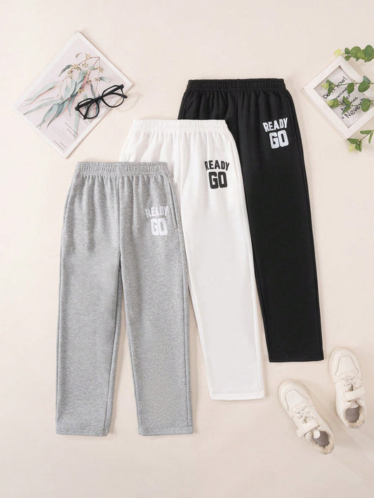 Young Boy's Fashionable English Printed Casual Sports Comfortable Sweatshirt And Long Pants, 3pcs/Set