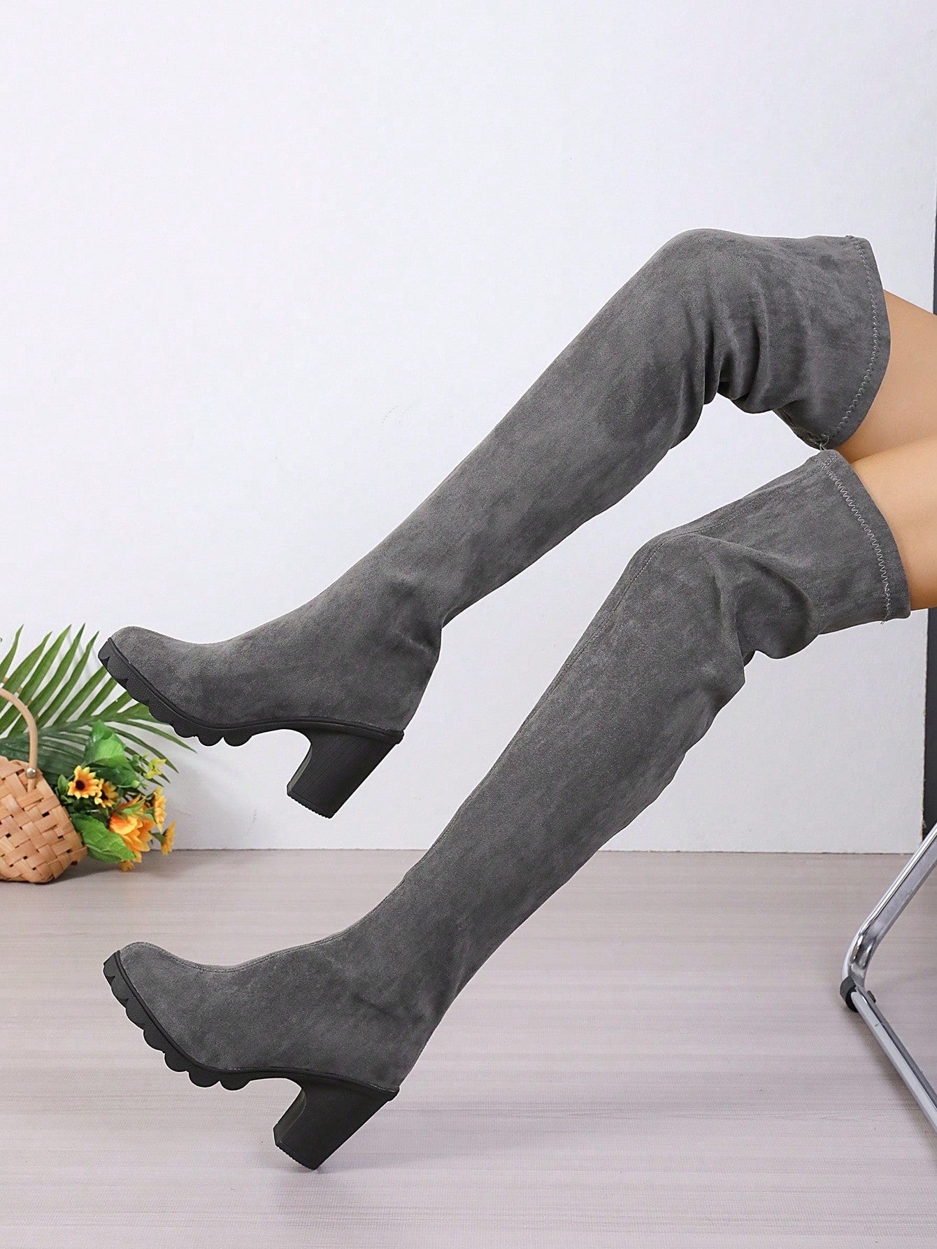 2024 New Over-The-Knee Elastic Boots Women's Slim Chunky High Heel Pointed Toe Suede Thigh-High Boots, Fall & Winter