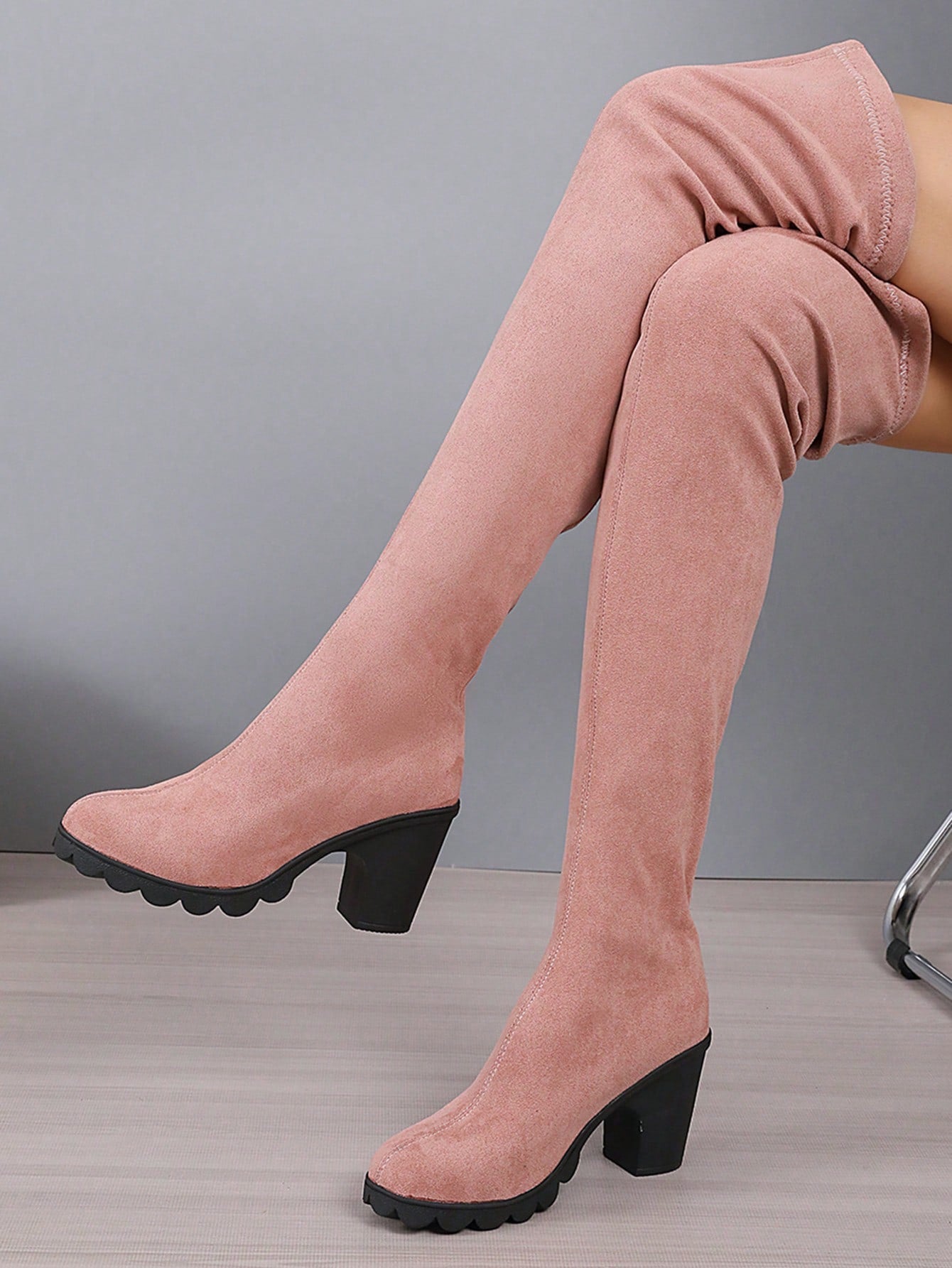 2024 New Over-The-Knee Elastic Boots Women's Slim Chunky High Heel Pointed Toe Suede Thigh-High Boots, Fall & Winter