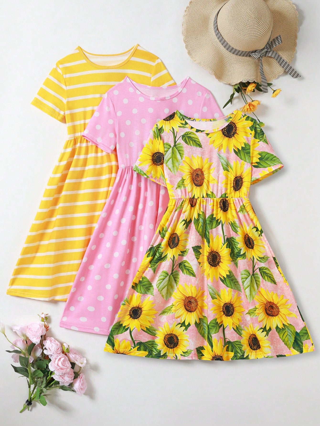 3pcs/Set Tween Girls Striped Polka Dots Sunflower Pattern Printed Casual Short Sleeve Dress For Summer