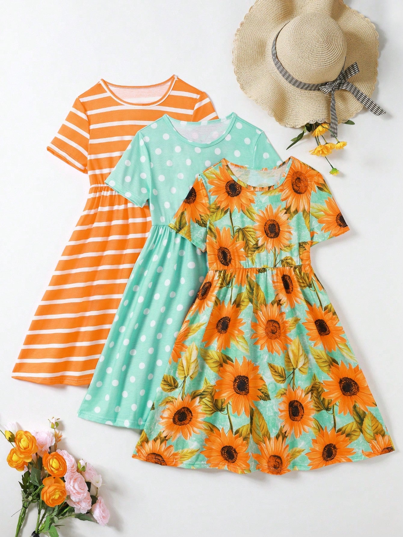 3pcs/Set Tween Girls Striped Polka Dots Sunflower Pattern Printed Casual Short Sleeve Dress For Summer