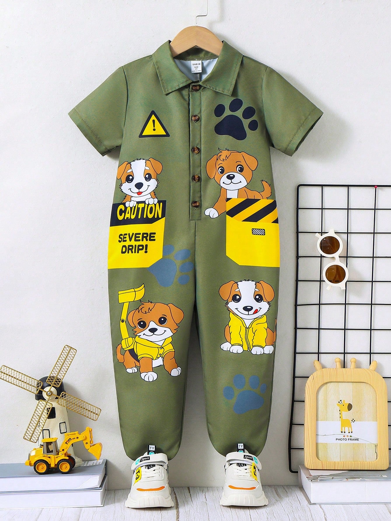 Young Boy Cute Dog Print Jumpsuit