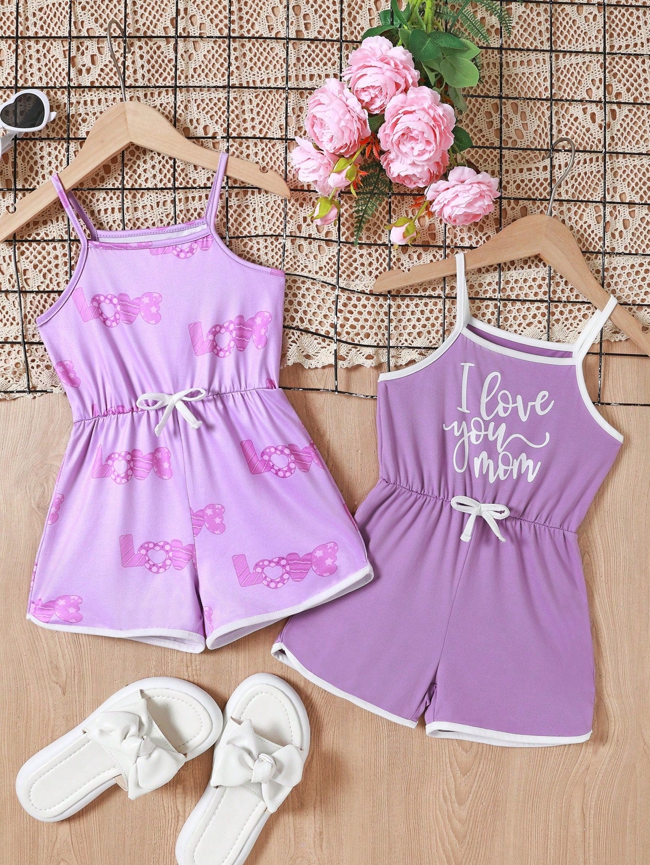 2pcs/Set Young Girl Heart And Letter Pattern Bowknot Strap Romper For Summer Vacation