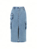 Tween Girl Blue Casual Split Denim Skirt With Cargo Pockets