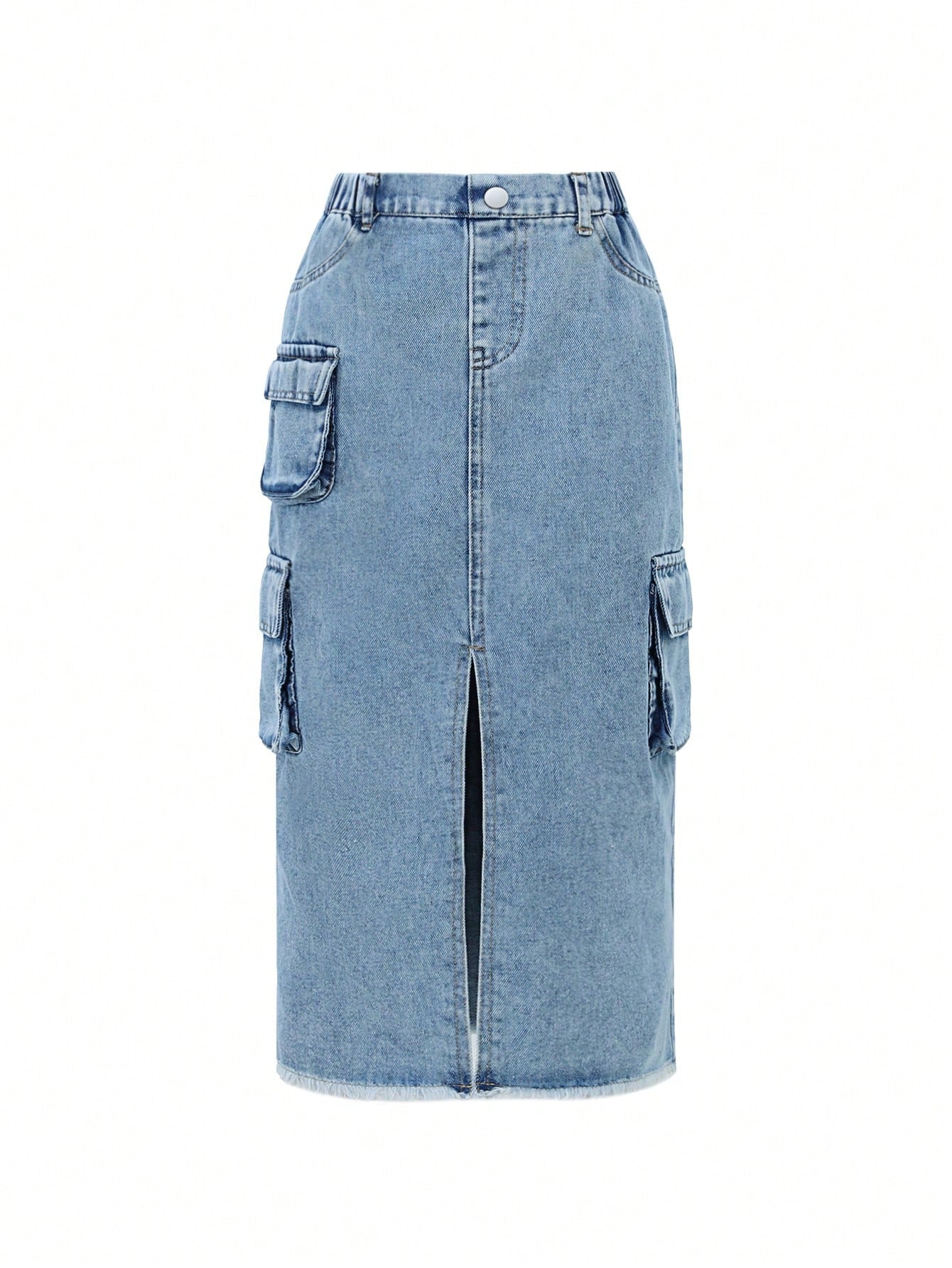 Tween Girl Blue Casual Split Denim Skirt With Cargo Pockets