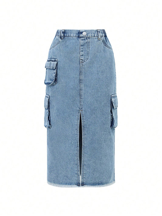 Girl's Blue Casual Split Denim Skirt With Cargo Pockets