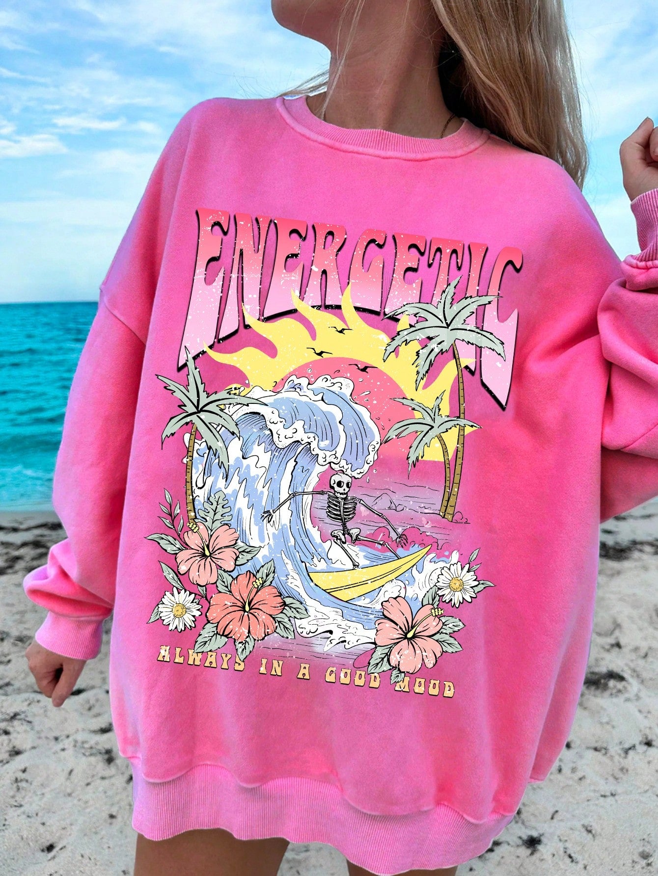 Casual And Minimalistic Wide-Leg Women's Sweatshirt With Beach Wave And Palm Tree Print, Round Neck And Long Sleeves