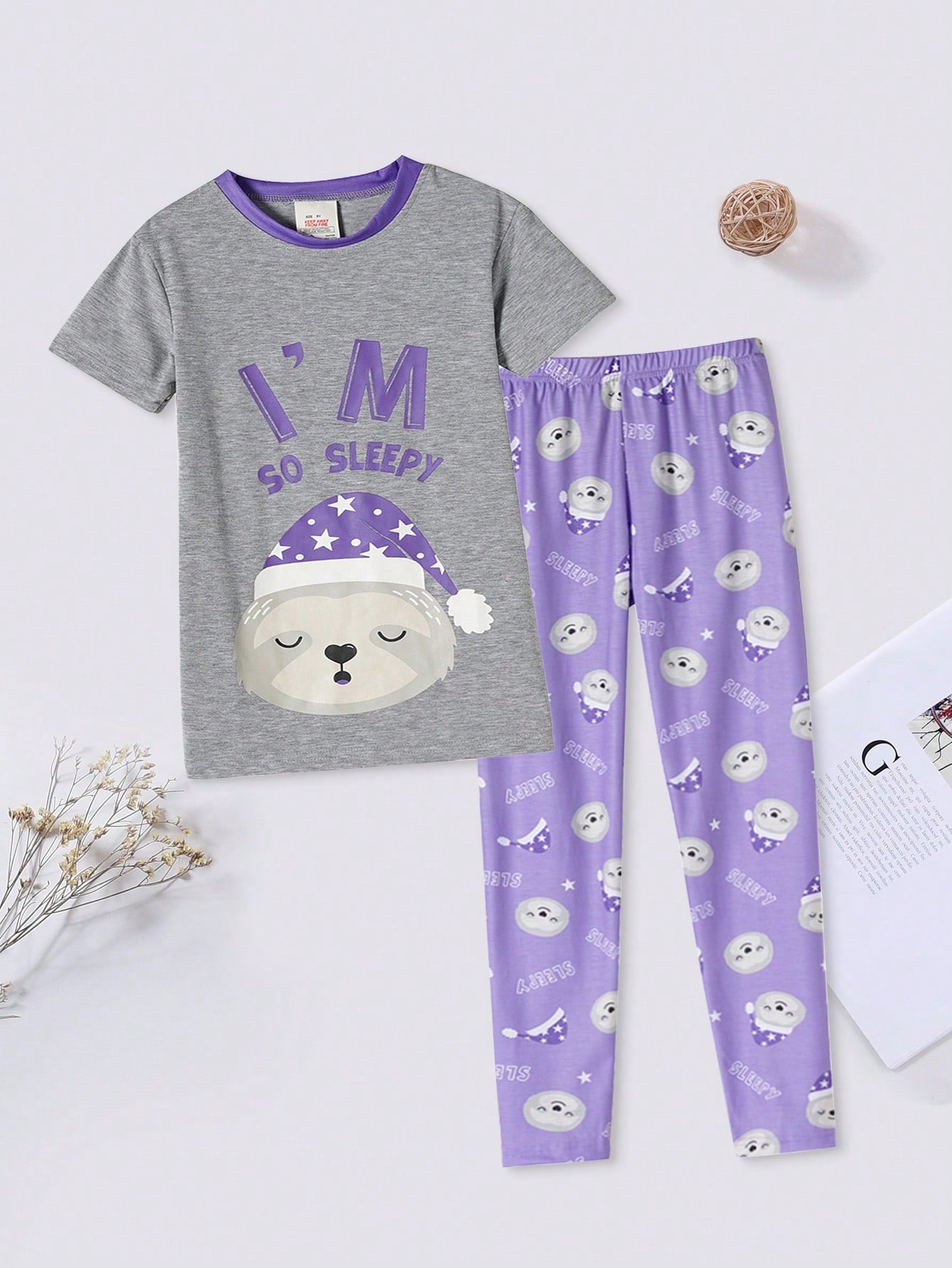 Tween Girl 2pcs Snug Fit Cute Sloth Print Short Sleeve And Long Pants Comfortable Pajama Set