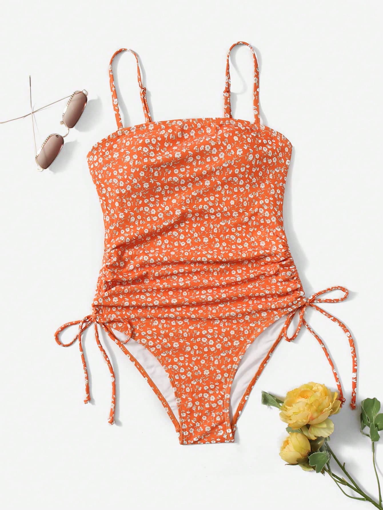 Swim Summer Beach Ditsy Floral Print Drawstring One Piece Swimsuit