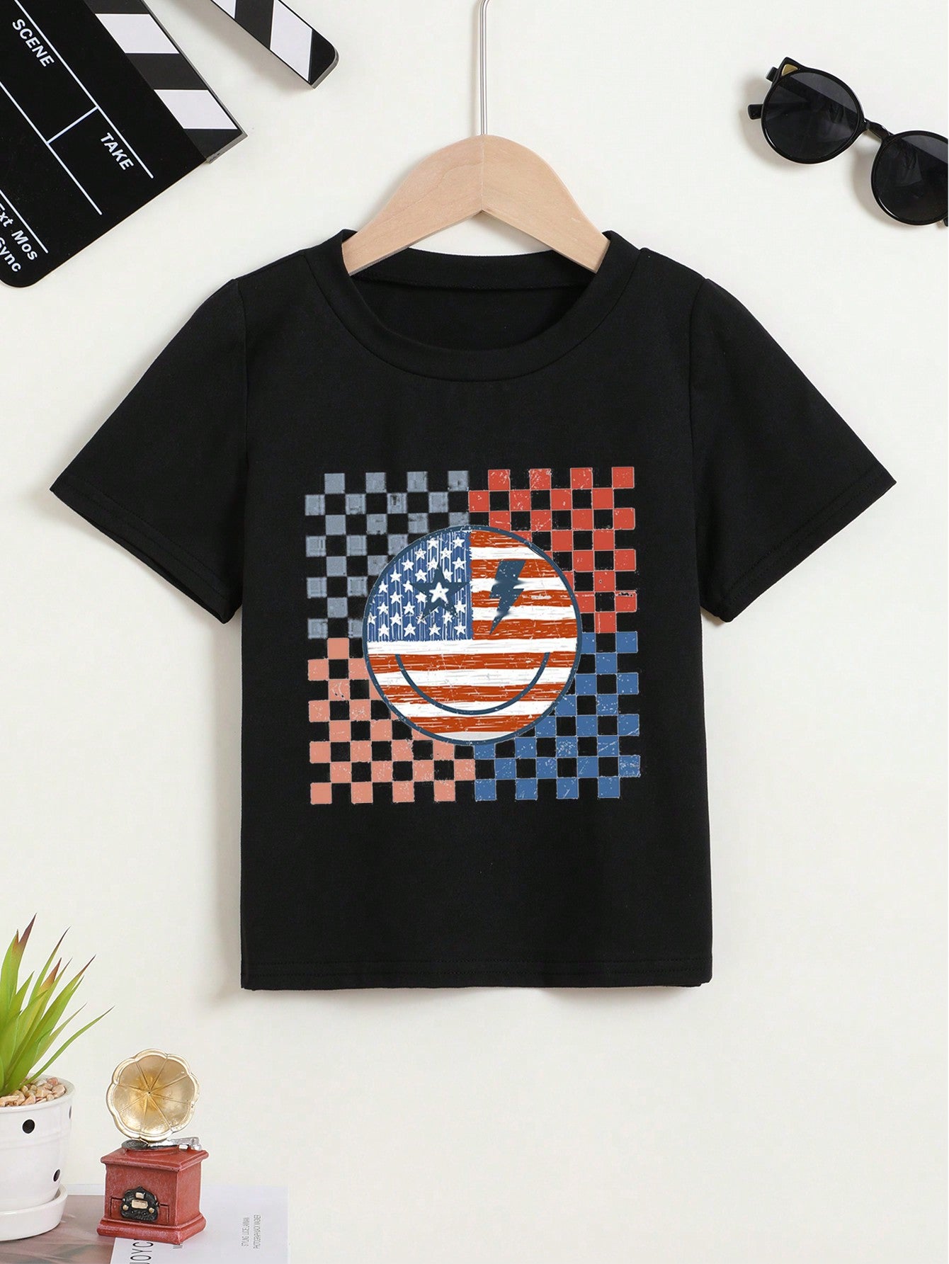 Young Boy Summer Casual Checkered  Printed Short-Sleeve T-Shirt