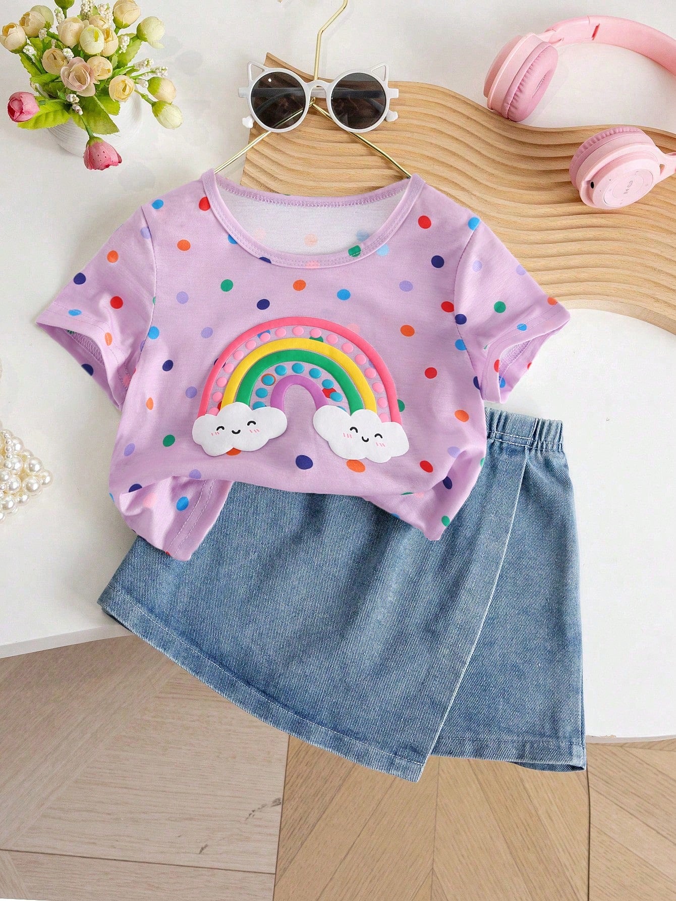 Young Girl Back To School Season Casual Cute Round Neck Regular Sleeves Colorful Polka Dot Rainbow Printed T-Shirt And Plain Denim Skort Set Summer