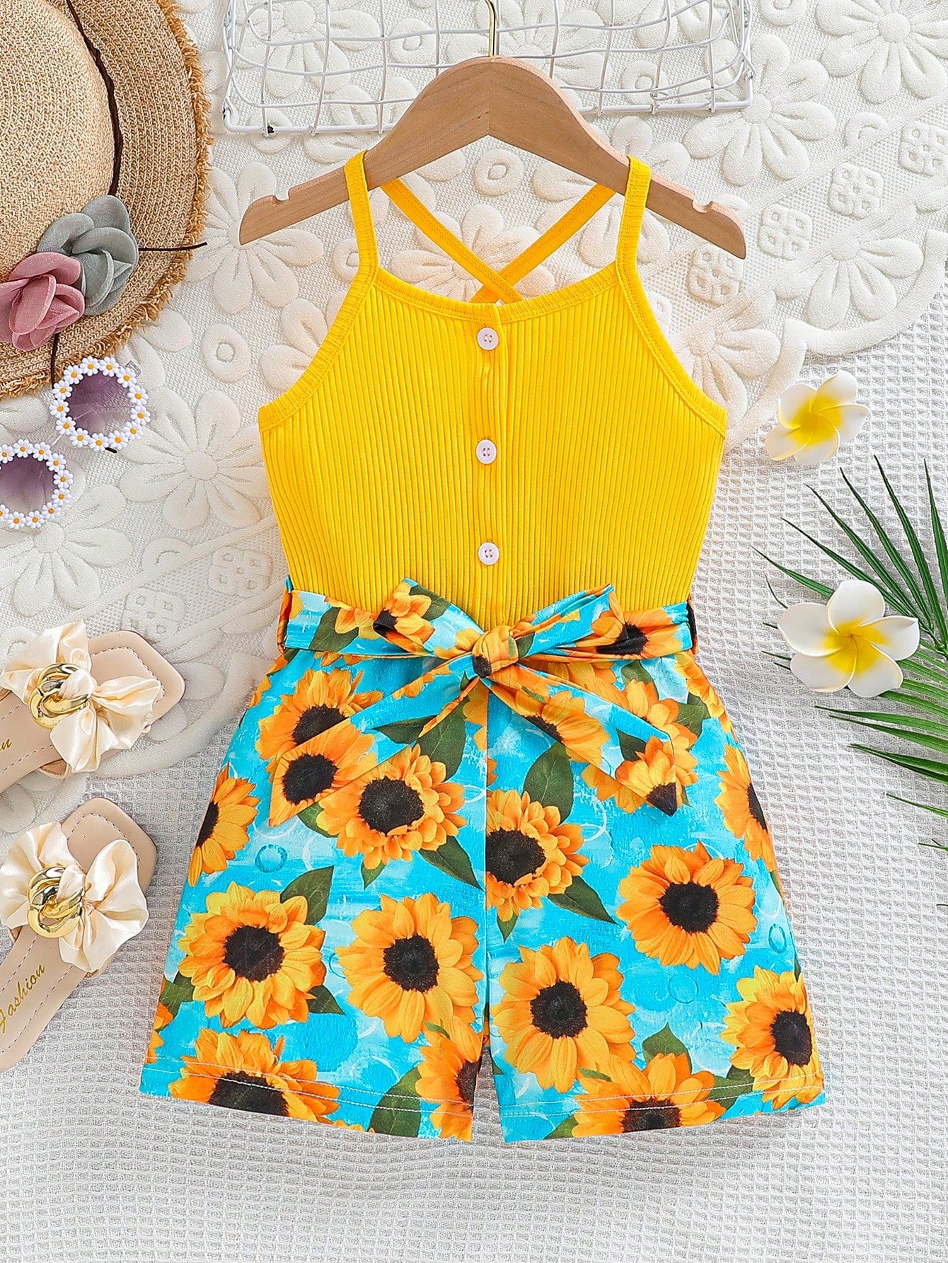 Young Girl Floral Print Criss Cross Belted Cami Romper