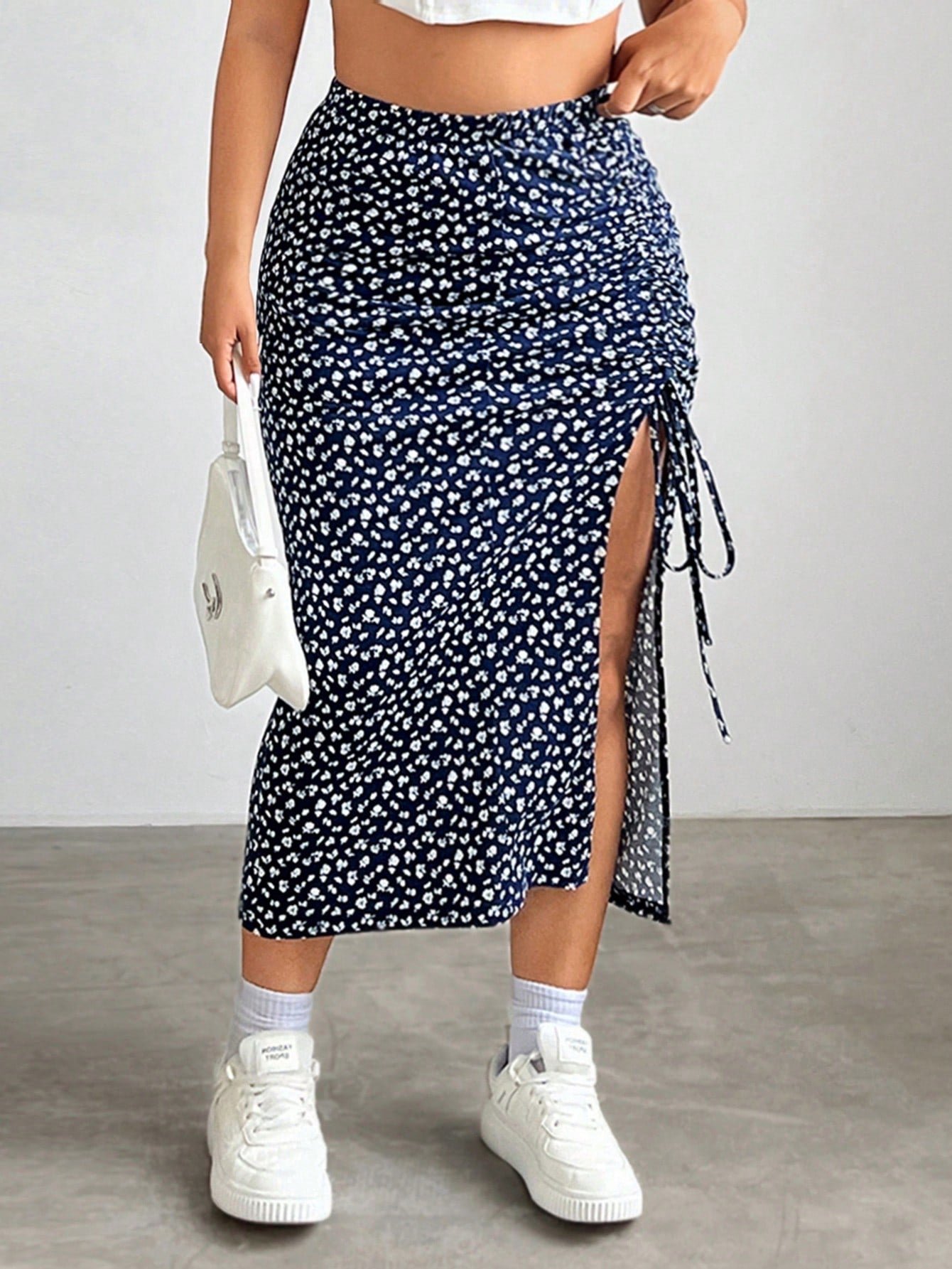 Plus Ditsy Floral Print Drawstring Split Thigh Skirt