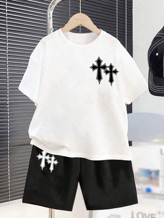 Cross Prints, Jesus, God, Faith, Tween Boys' Casual Simple Round Neck Short Sleeve T-Shirt And Shorts Two-Piece Set, Suitable For Summer