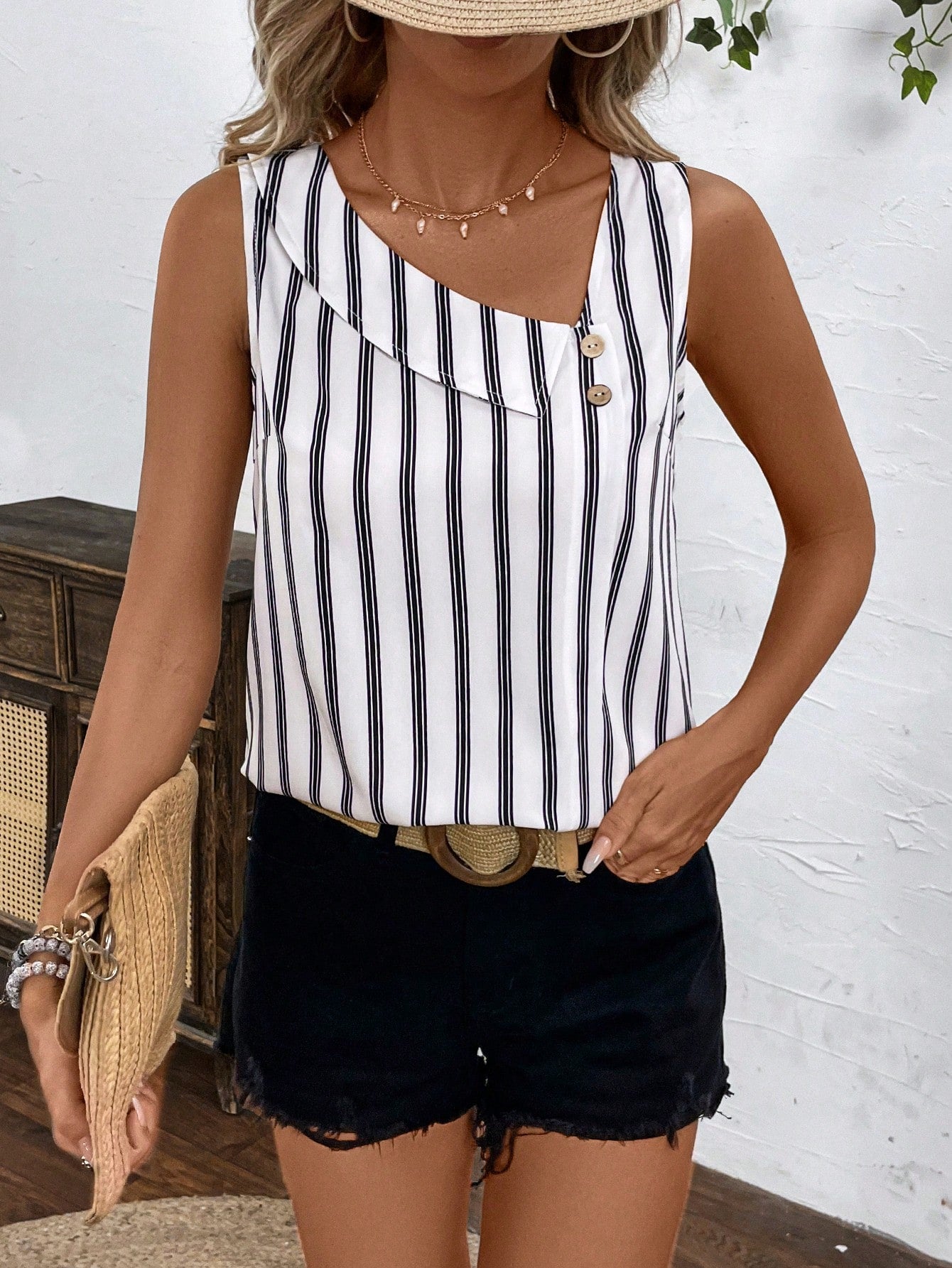 Women Asymmetrical Collar Button Decor Blue And White Striped Casual Vacation Sleeveless Shirt For Summer