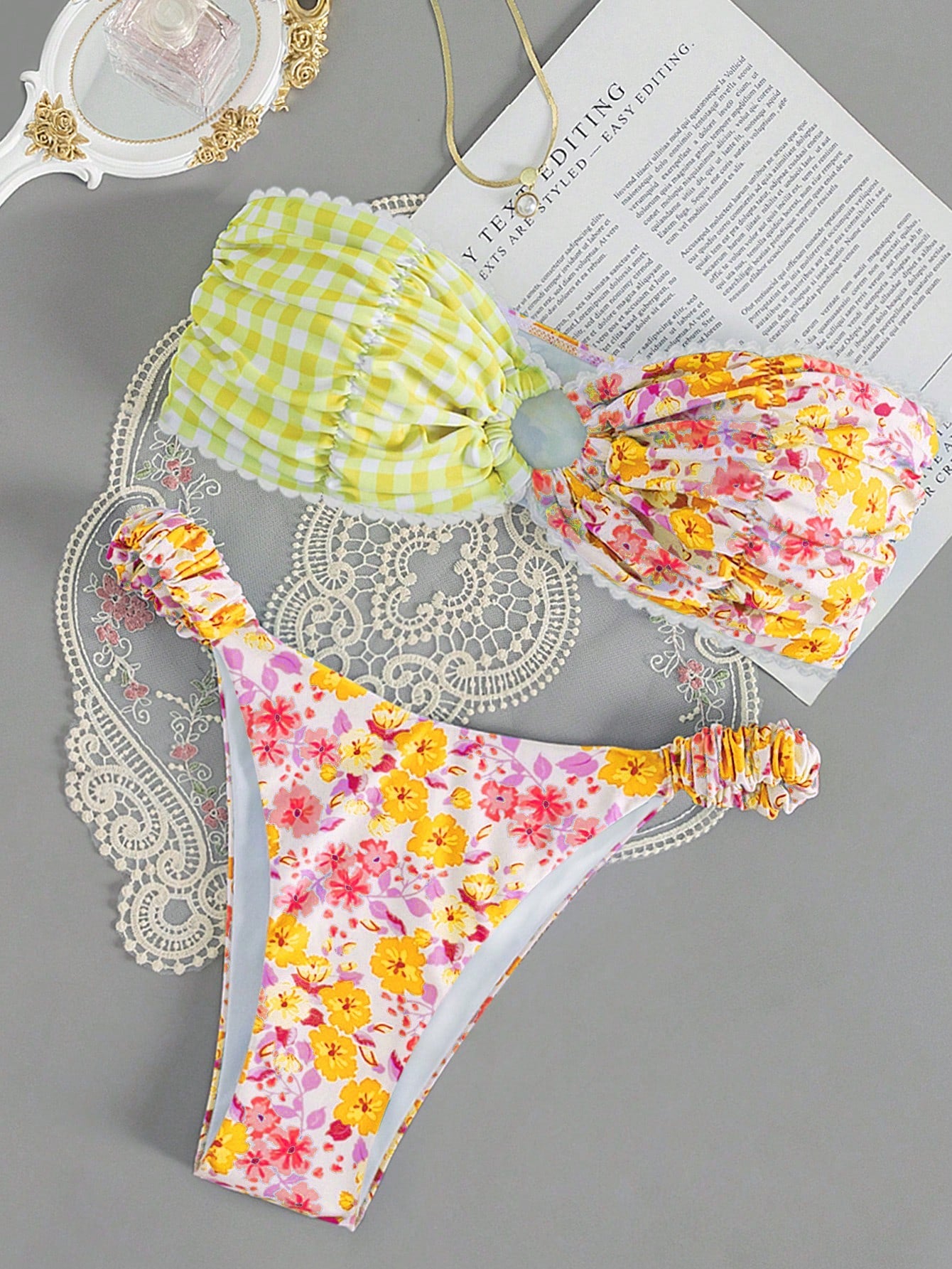 Swim Mod Summer Beach Floral Print Bandeau Bikini Set