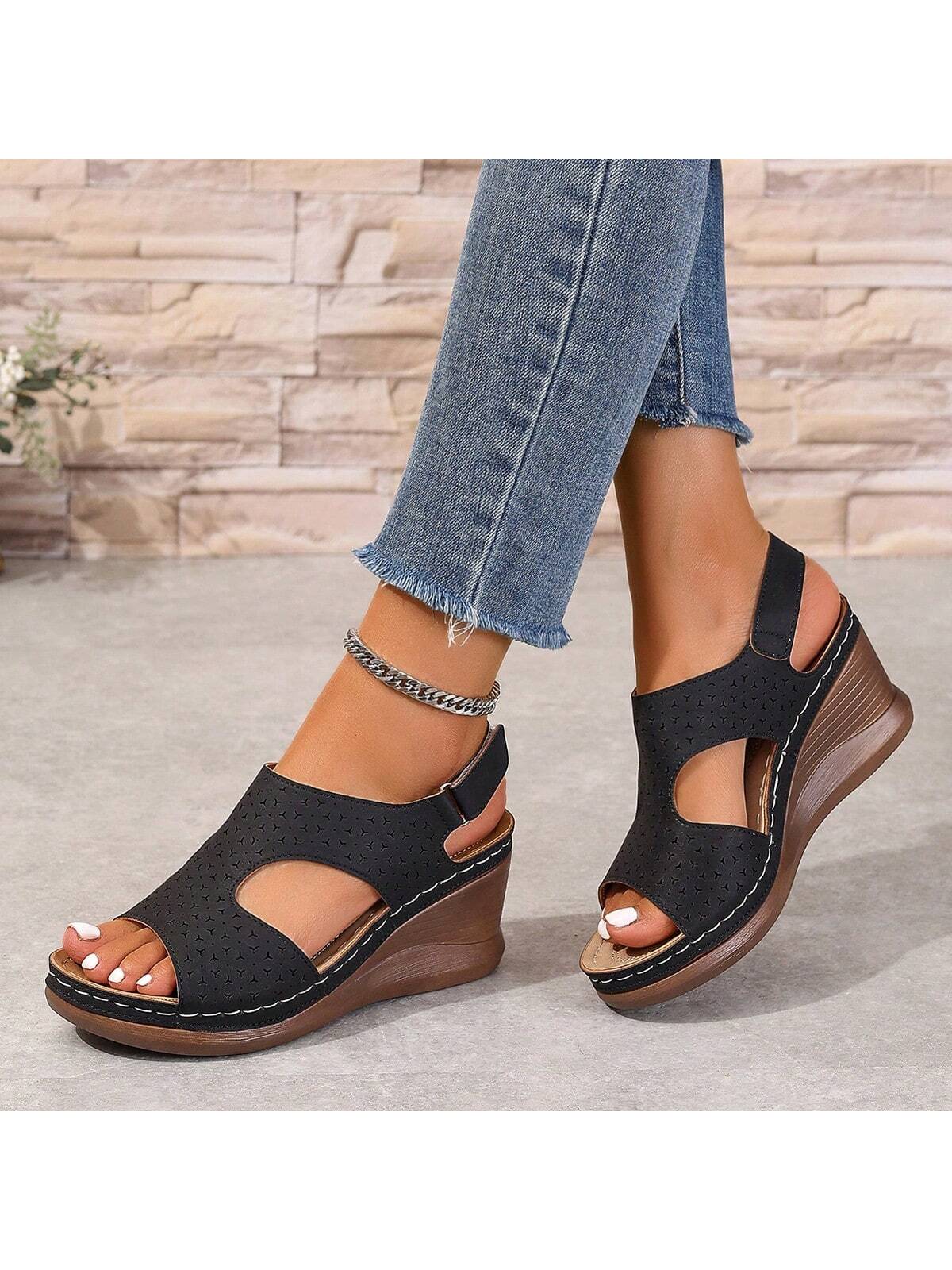 2024 New Style Laser Cutout Block Heel Sandals With Buckled Ankle Strap