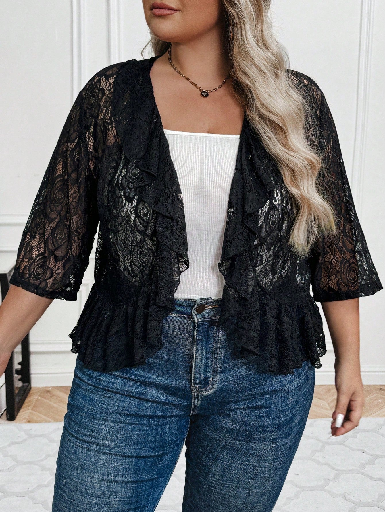 Plus Open Front Ruffle Hem Lace Jacket