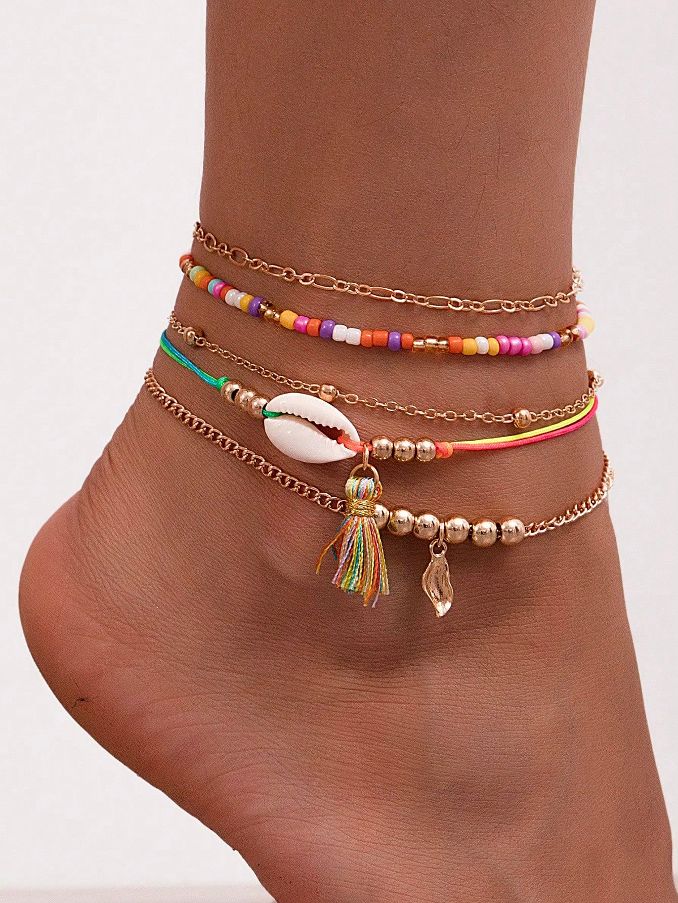 5pcs Kids' Beach Vacation Shell & Cowrie Fringe Beaded Anklet Set Jewelry