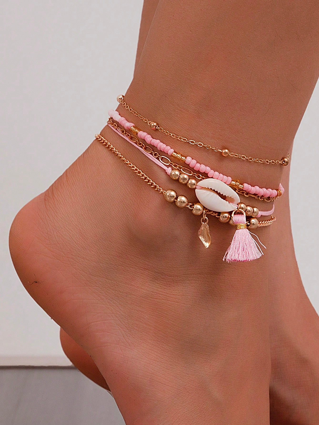 5pcs Kids' Beach Vacation Shell & Cowrie Fringe Beaded Anklet Set Jewelry