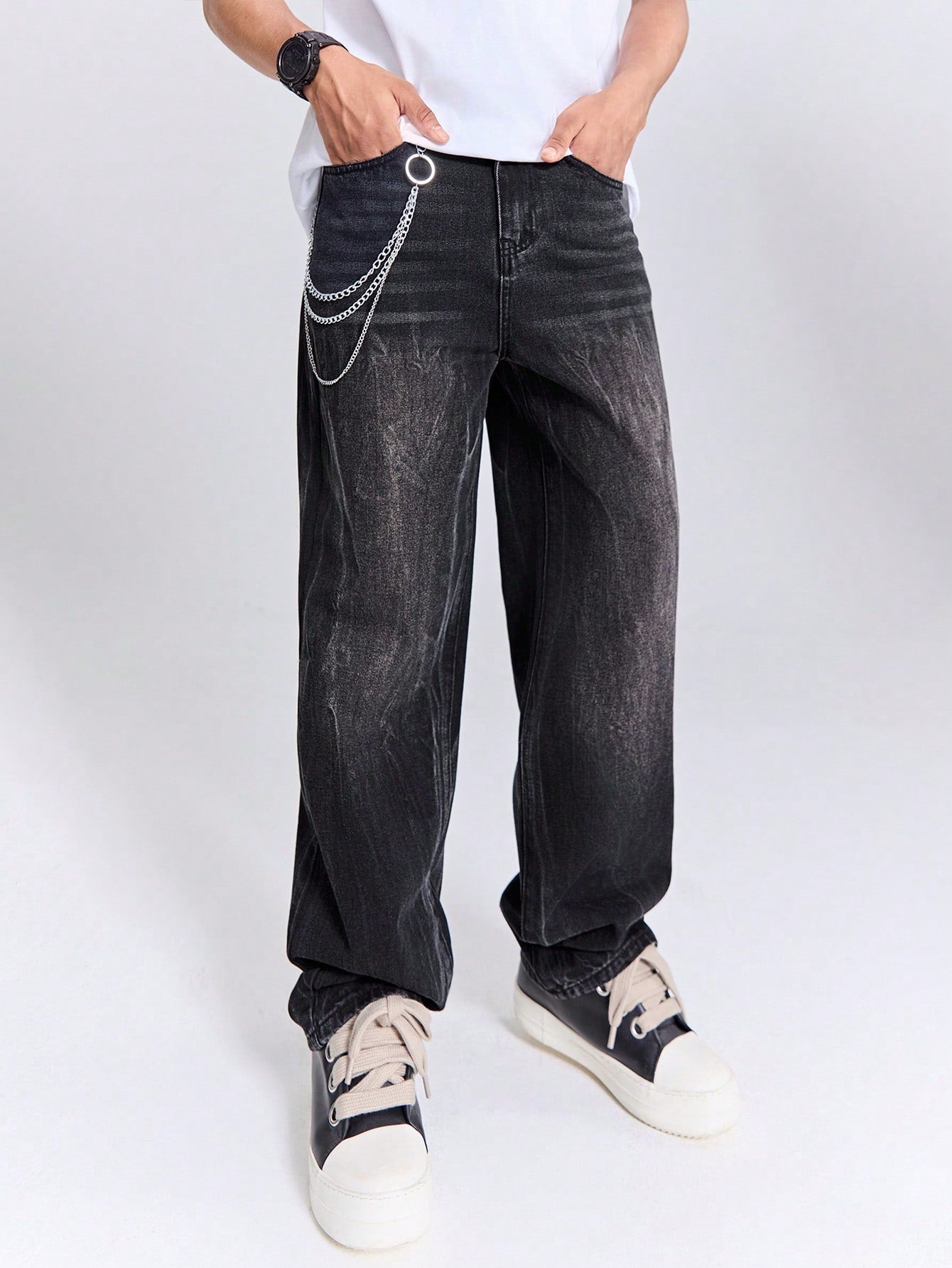 Teen Boy Black Fashion Casual Simple Floral Texture Comfortable And Loose Denim Baggy Jeans For Back To School Clothes And Dailywear