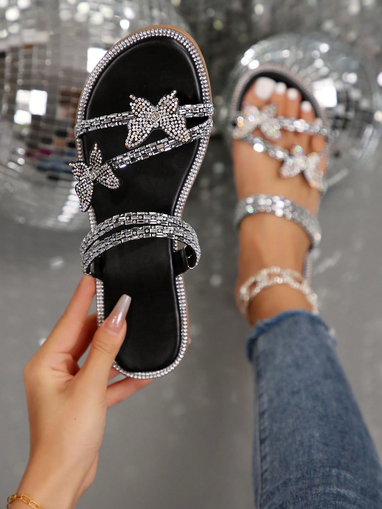 Women's Colorful Rhinestone Butterfly Multiple Strap Two-Way Wear Slide Sandals, French Fashion Silver Slippers For Summer And Autumn