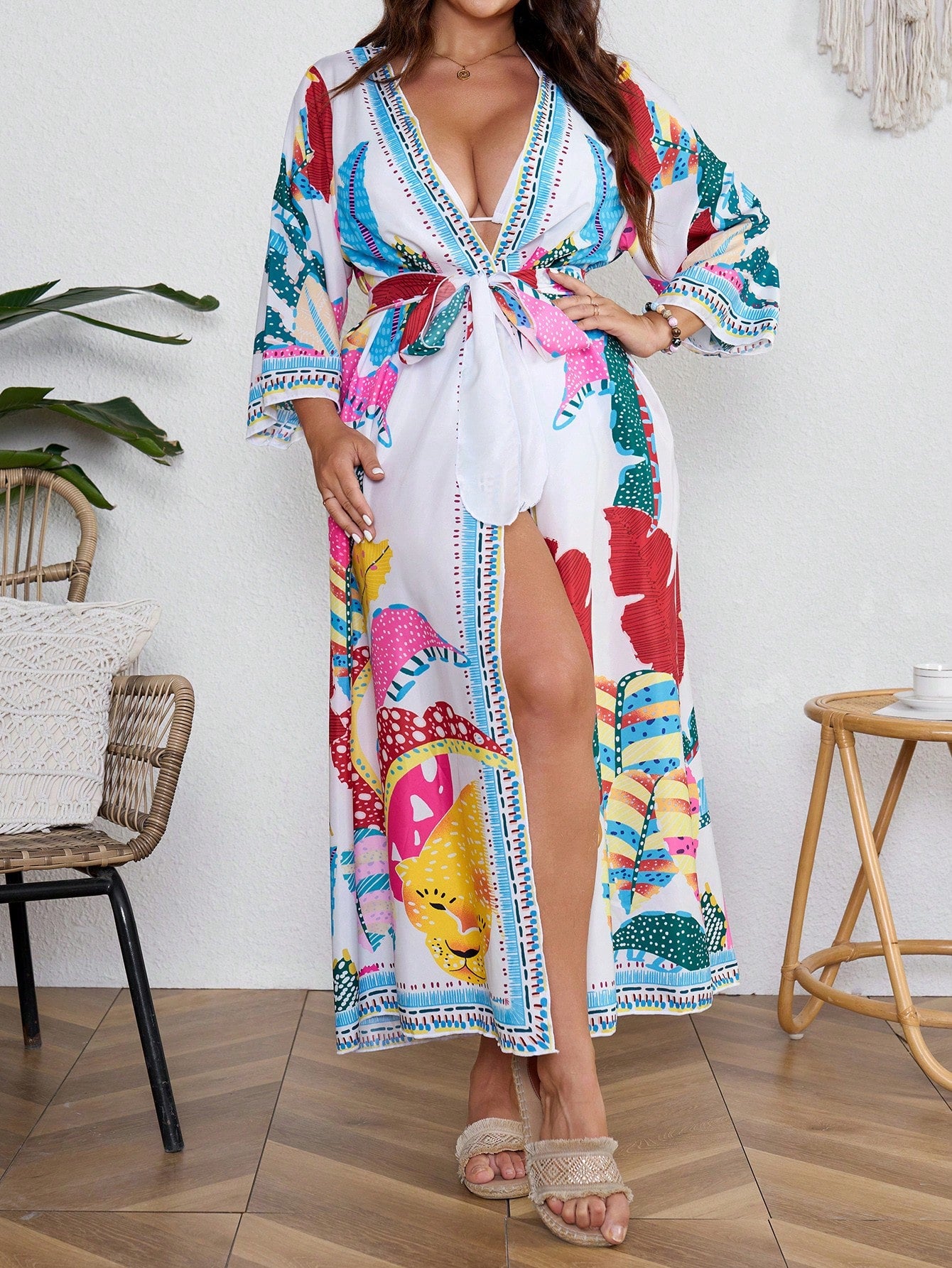 Plus Size Women's Tropical Plant Printed Loose Kimono With 3/4 Sleeves, Long Length, For Vacation