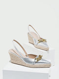 Women's Fashionable, Elegant And Fresh, All-Match Silver Metal Pointed Toe Outdoor Holiday-Style Woolen Thick-Soled Shoes