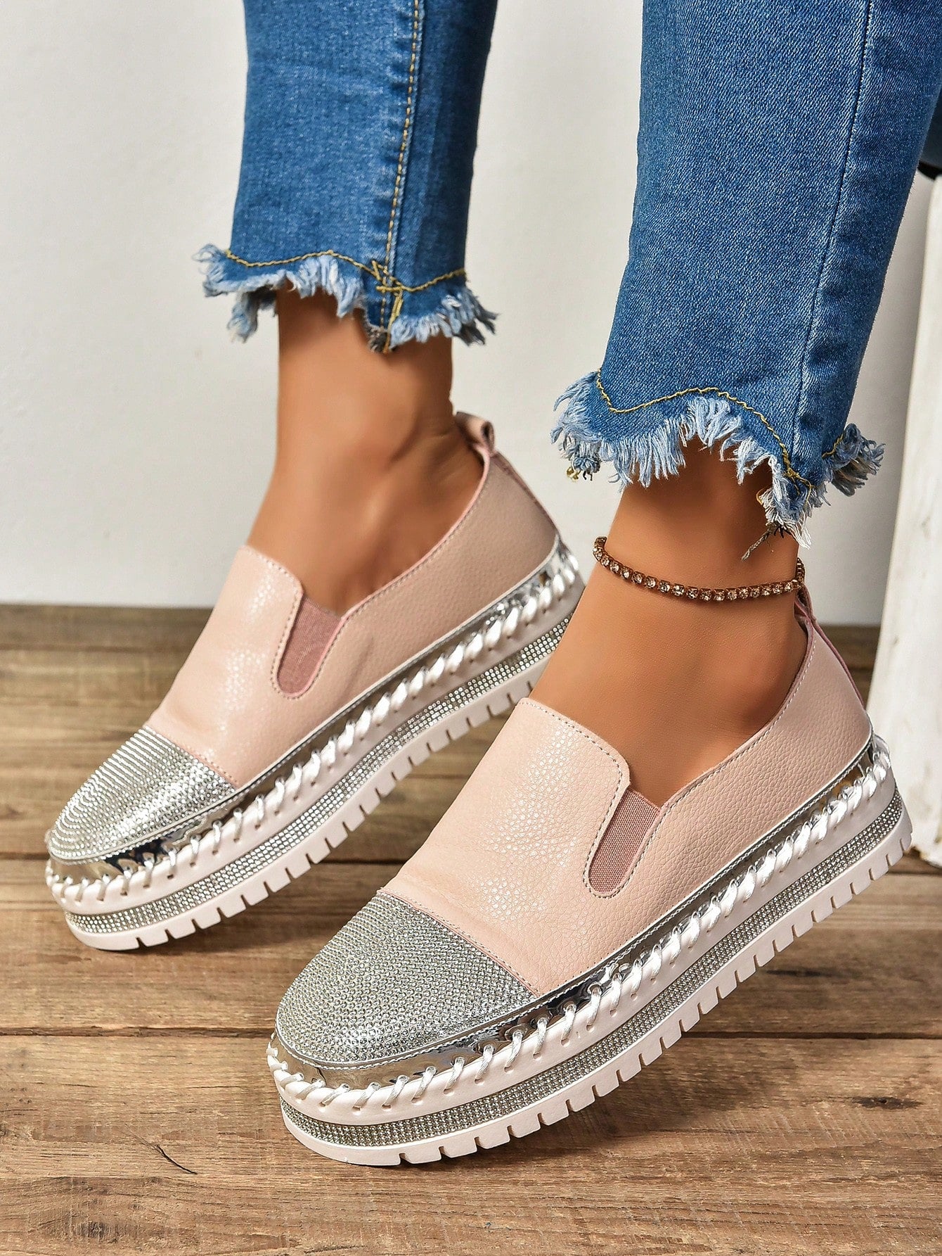 Women's Loafers, Spring And Autumn, Slip-On, Thick-Soled, Slouchy Shoes, Soft Leather, Flat, Crystal Shoes