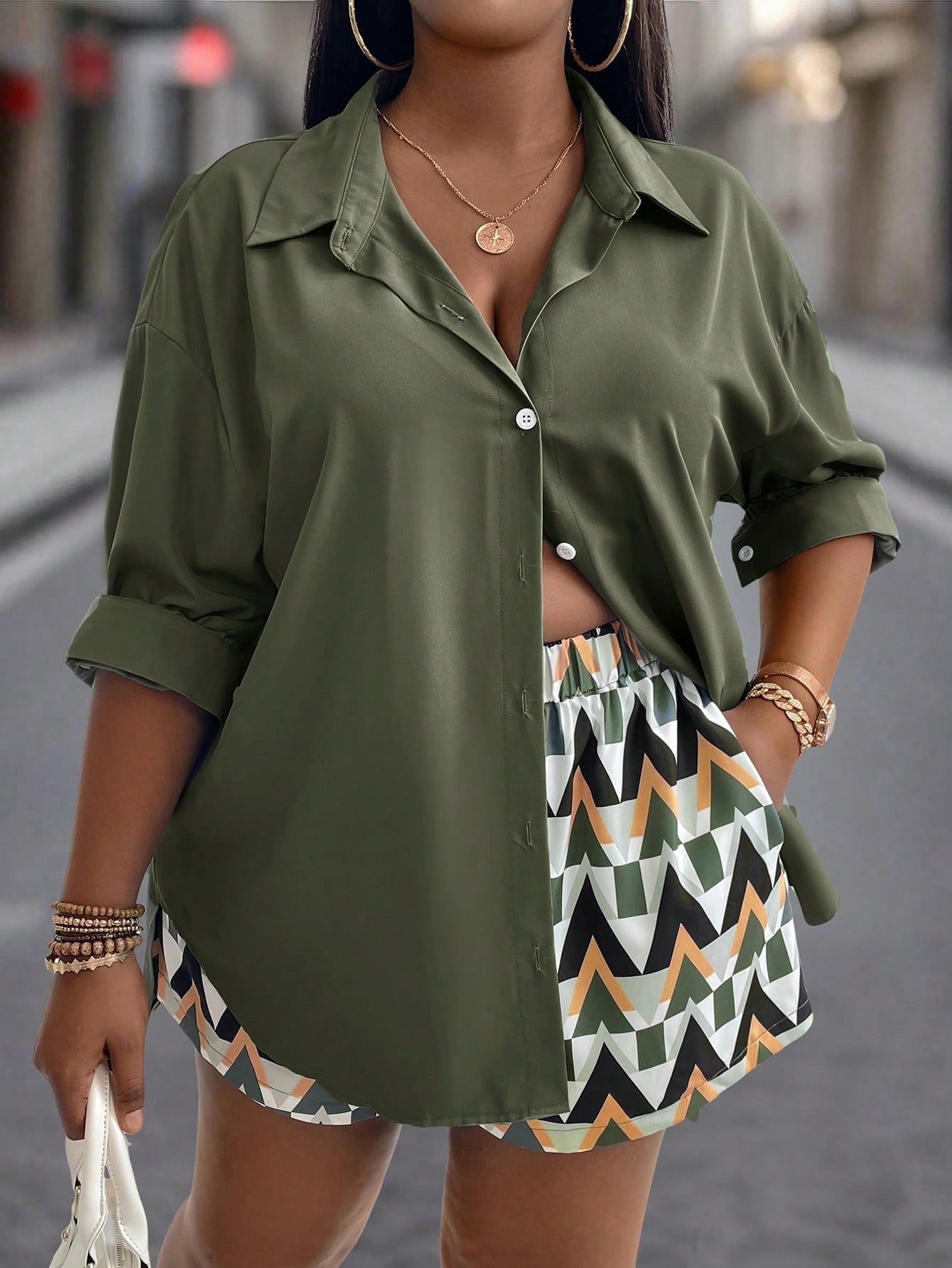 Plus Size Striped Shirt And Shorts Set