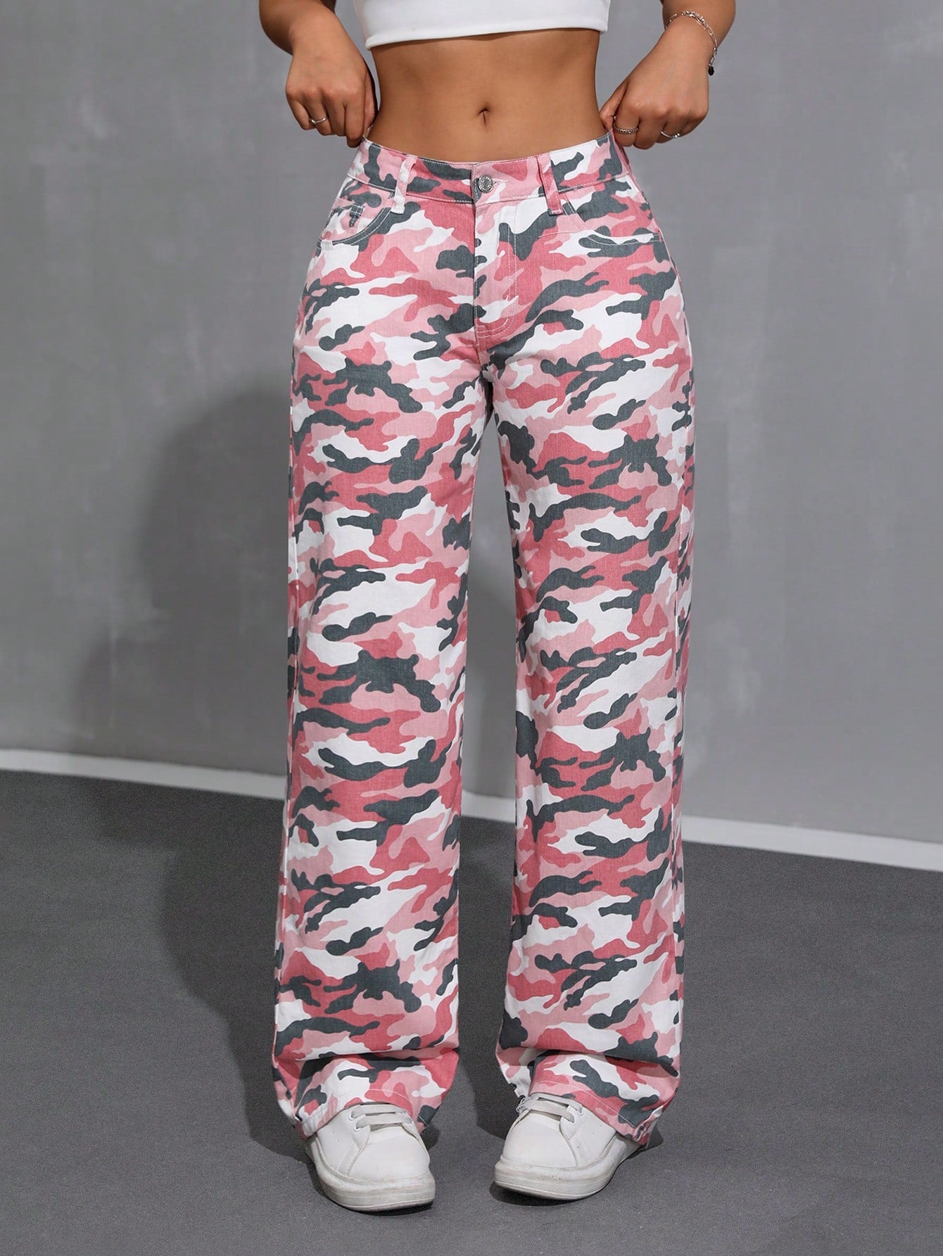 Low Waist Camouflage Water Washed Straight Leg Jeans